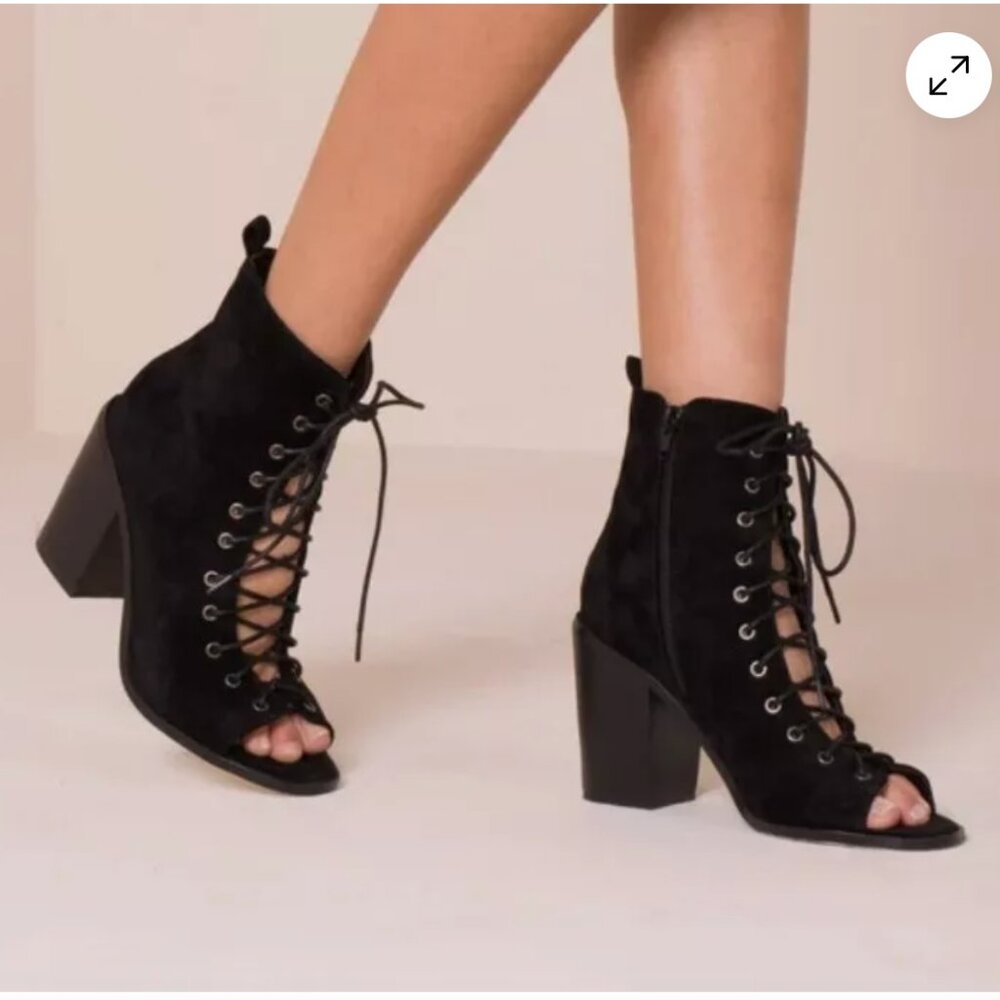 Jeffrey Campbell Cors Black Leather Cow Hide Lace up Peep Toe Booties